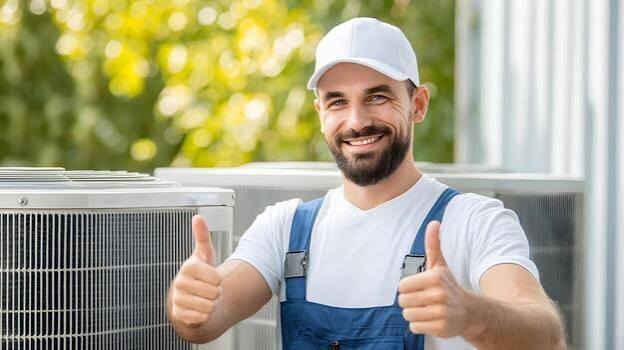 HVAC technician standing beside outdoor condensers after a service visit